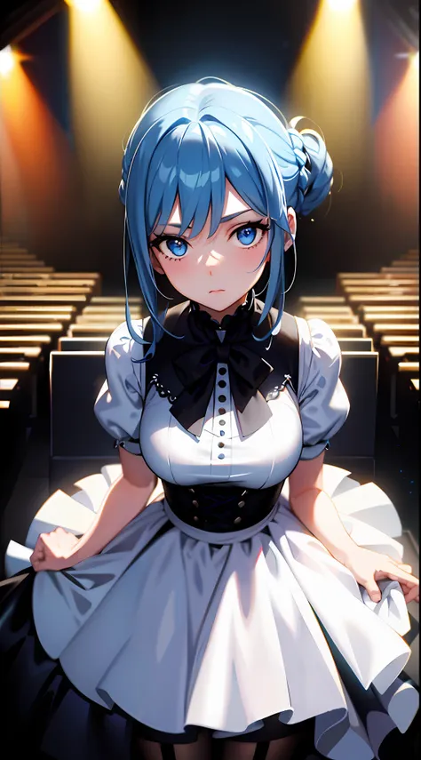 ((masterpiece)), (best quality), (detailed), (1girl), blue hair, blue eyes, updo, white shirt, black dress, looking down on the audience