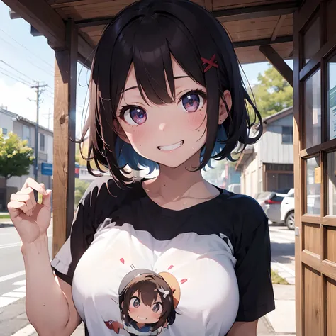 masterpiece, best quality, beautiful eyes, breast focus, 1girl, solo, blush, grin, sweat, funny moe t-shirt, large breasts, breast rest, brown short hair, hairclip, summer,