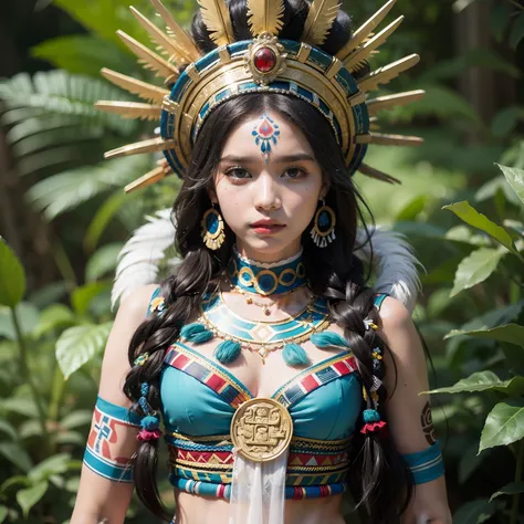 Beutiful women，Crazy complex Mayan shaman costumes，Queen of the Aztec tribes with yellow and blue tribal markings and patterns，Central America，mexico，beautiful gown，onthe mountain，