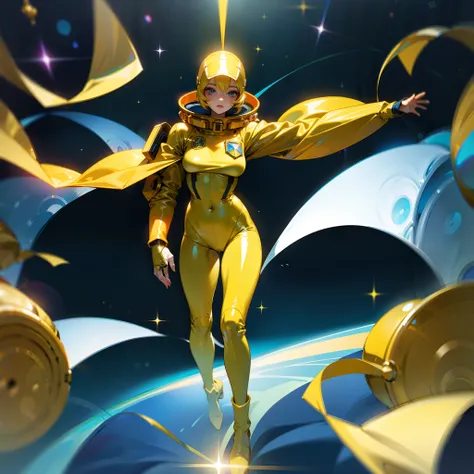 dancing space cadet woman, golden space suit