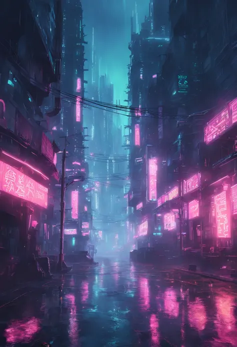 "Neon-lit cyberpunk streets, futuristic cityscape, dystopian artwork in the dark, 4k wallpaper. Rainy and foggy atmosphere, evoking a moody and desolate future."