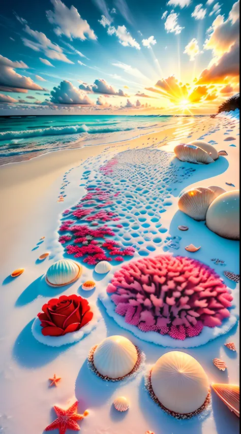 delicate scene,depth of field, 8K, The ivory sky,white clouds,and sunlight shine on the snow-white beach. The coral sea,and many colorful tinny shells on the beach,red roses, roses focus,