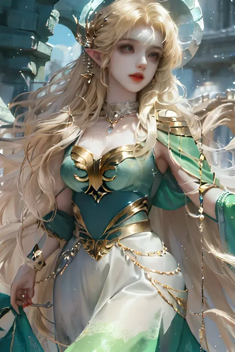 A mesmerizing elven sorceress, long blonde hair, green cape, enveloped in a captivating blend of greens and blues. Delve into the depths of a cinematic ambiance, with dramatic lighting and an epic composition. Experience a hyperrealistic portrayal, rendere...