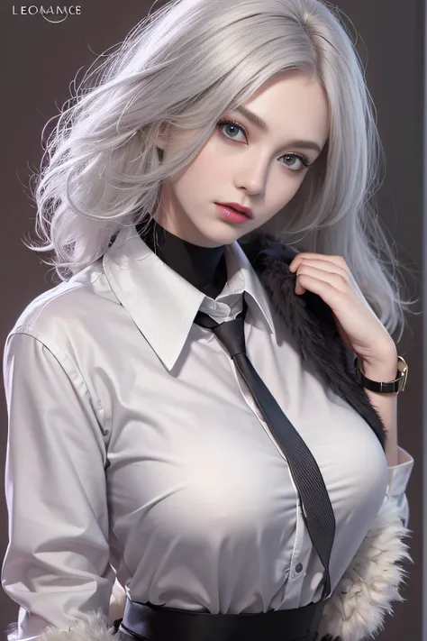 Photorealistic, high resolution, 1 Women, Solo, Hips up, Beautiful eyes, White hair, ringed eyes, Collared shirt,black necktie,Black skirt, pencil skirts, Fur coat, black lence stockings