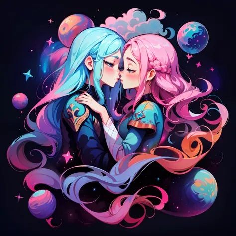 adesivo, fundo simples, portrait, 2 girls, couple, kissing, girl with long hair, beautiful galaxy girl, galaxy aesthetic, beautiful girl, very beautiful fantasy art, beautiful and elegant female galaxy, beautiful detailed fantasy, pink and blue color palat...