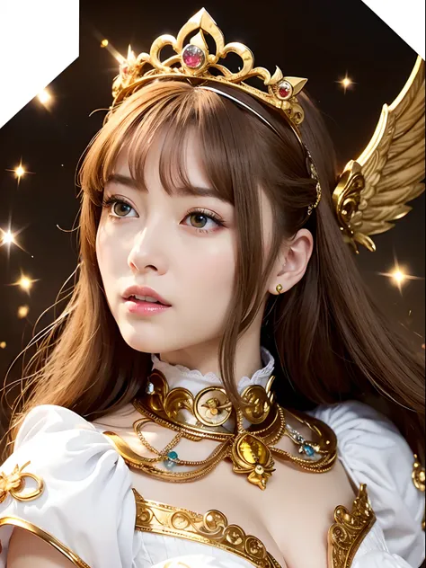 (masutepiece), Professional , ​masterpiece、top-quality、photos realistic , depth of fields 、（Wind element），tornado，Lightning，（Gemstone Silver Metal Body:1.９),(Matte White、(Gangles forest background),（Brown hair long straight）、Luminescent particles,light sca...