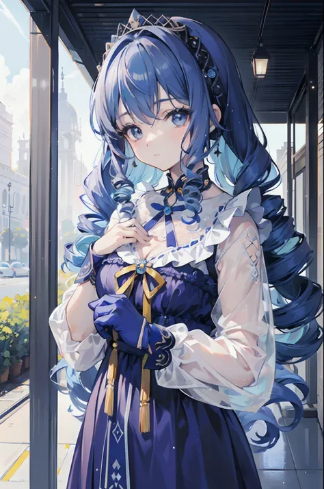 (La mejor calidad) (obra maestra ) Cara perfecta. kawaii & Siniestra princesa belleza joven en la ciudad de Los Angeles. (((Blue curly hair))) ((((nordin woman))))