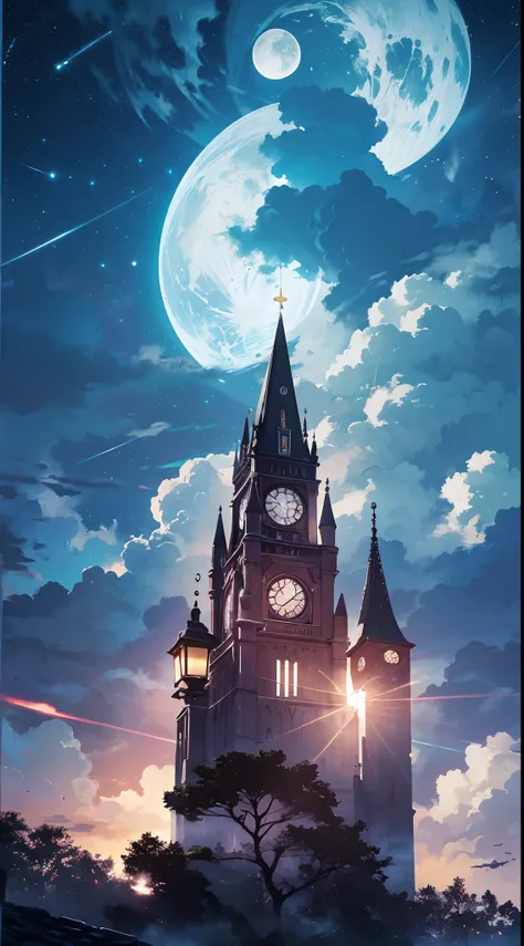 octans，Skysky，As estrelas（Skysky），scenecy，starrysky，the night，nigh sky，独奏，exteriors，buliding，​​clouds，galactic，sitted，The tree，Long hair，城市，siluette，View of a medieval European town