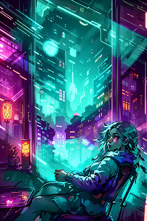 A person sits in front of the window，Outside, there are high-rise buildings with bright lights，The colors are dull，Illustration style，Back Shadow，feeling of solitude