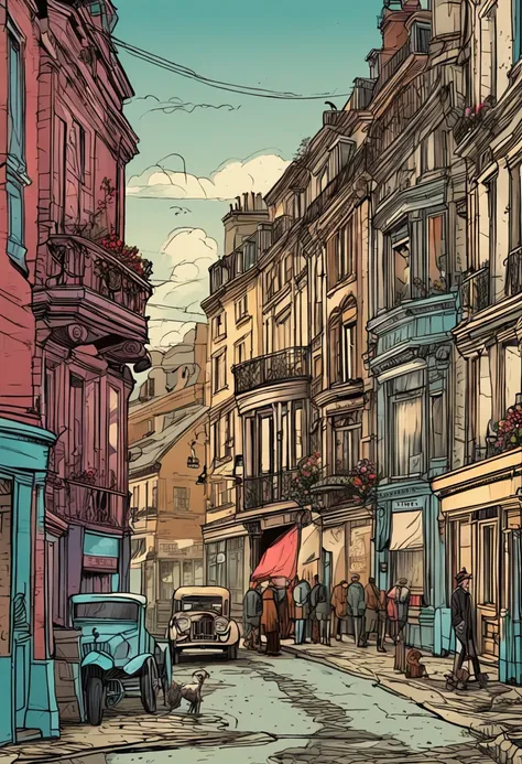 Detailed comic style of Victorian France, Street with foot traffic