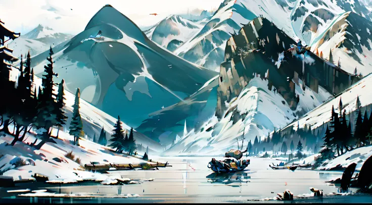 Old man fishing in the middle of the lake in a boat，Wear a cloak，The lake is surrounded by snow-covered mountains and trees，There are birds flying in the sky。The picture has a sense of layering，Objective narrative。master piece，super details