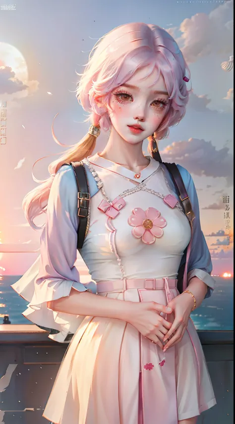 There was a young girl in the setting sun，Open hands cute kawaii girl,, Twin tail hairstyle, Anime girl in real life, Fashionable outfits, white hime cut hairstyle, Ruan cute vtuber, Wear JK fashion outfits