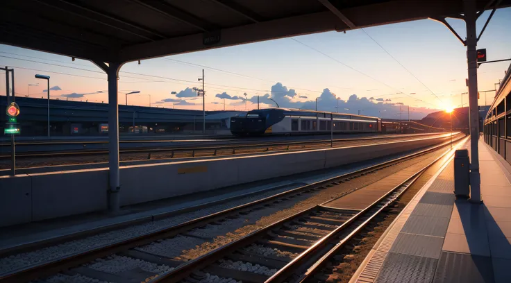 High-speed rail platform at sunset