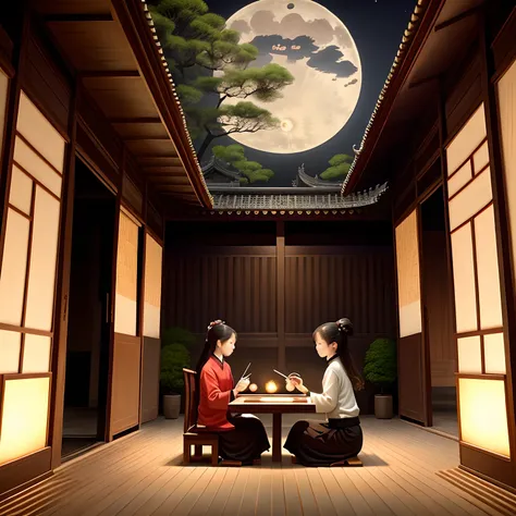 Under the moon，The city of ancient Chinese architecture，Bamboo nearby，Two beauties playing Go in a peaceful environment