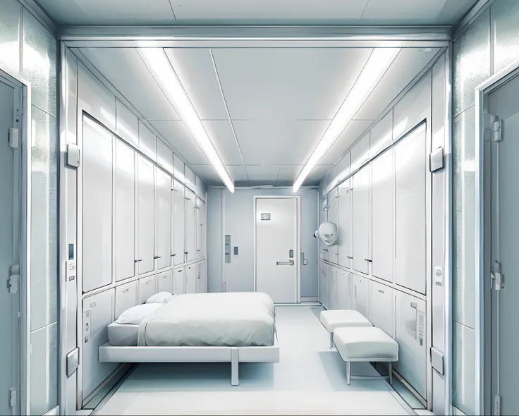 There is a bed in a room with a white wall, Claustrophobic room, in a small prison cell, prison cell, interior de uma pequena sala, Sterile minimalist room, Futuristic room, interior de um pequeno, dentro da sala branca, fundo futurista do quarto, in a pri...