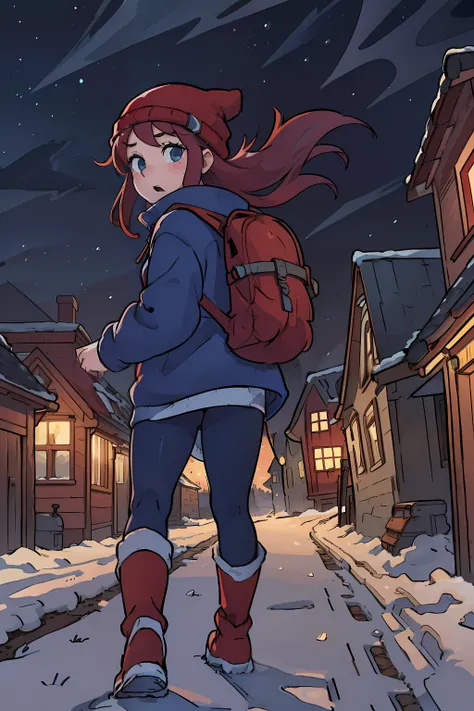 masterpiece, 4k, detailed, a girl with long red hair in a beanie, blue sweater and tights, red boots and backpack, running forwards, worried expression, in an empty, dark village, foggy, snowy, blizzard, lot of fog, night time