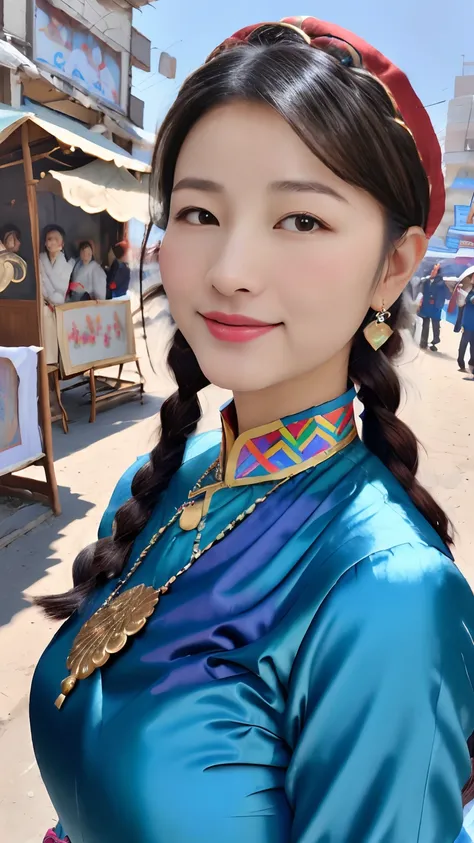 (((tmasterpiece))), Realistic, Authentic, Masterpiece, Beautiful and amazing , Xinjiang festivals，Xinjiang，(Uyghur cap)，hair adornments，Xinjiang hairstyle，Accessories，Xinjiang traditional costumes, ((Uyghur traditional costume))，Beautifully dressed，big bre...