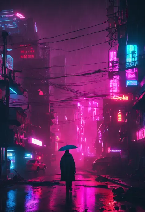 "Neon-lit cyberpunk streets, futuristic cityscape, dystopian artwork in the dark, 4k wallpaper. Rainy and foggy atmosphere, evoking a moody and desolate future."