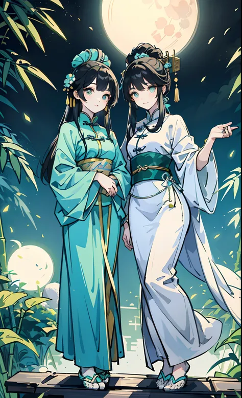 Two beautiful women in Chinese costumes play Go，One dressed in cyan，The other was dressed in white，Wearing white accessories，They also have two small white feet, which are very cute，Bamboo is scattered all around，There is a bright moon in the sky