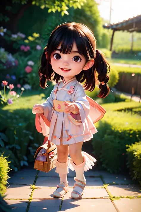 A little Chinese girl, wearing Hanfu, light pink clothes, light skirt, carrying a small basket, wearing a horse face skirt, black hair, black eyes, cute, happy, big eyes, masterpiece, details, lighting effects, movie effects. Garden background full of peon...