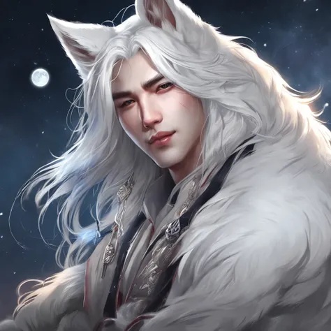 Anime character with white hair and white wolf before the full moon, by Yang J, fantasy fox love, White-haired fox, white fox anime, Anime fantasy illustration, White fox, art of silverfox,Best quality, Masterpiece, 超高分辨率, (photograph realistic:1.4), ultra...