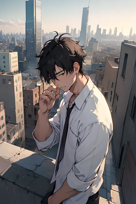 Looking down、be shy、1male people、​masterpiece、top-quality、超A high resolution、evening、A city scape、depth of fields、short black messy hair、Solo Male