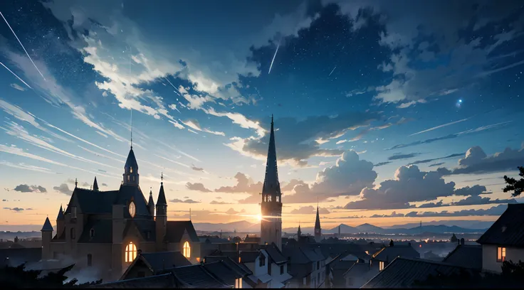 octane，Skysky，As estrelas（Skysky），scenecy，starrysky，the night，nigh sky，独奏，exteriors，buliding，​​clouds，galactic，sitted，The tree，Long hair，城市，siluette，View of a medieval European town