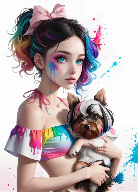 （Pink fashion T-shirt：1.9），（Colorful hair：1.8），（Rainbow all colors：1.8），（（（（Vertical painting：1.6)）），（painting of a：1.6），frontage，comic strip,illustration,painting of a,largeeyes,crystal-clear,（rainbow color gradient high ponytail：1.7）,Delicatemakeup,Keep ...