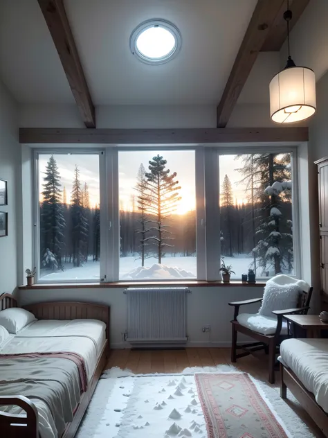 A Nordic style room，The setting sun shines in，There is a homely feel in the house，The view from the window is a forest of ice and snow