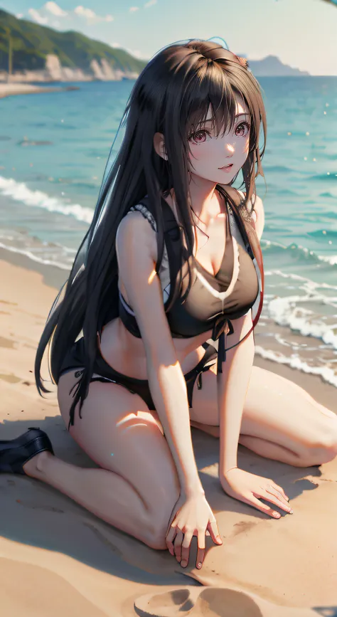 whaite hair，swim wears，the original god，Beach by the sea，exquisitedetails，Excellent composition，Ultra-clear image quality，Kamisato Linghua，Hot figure