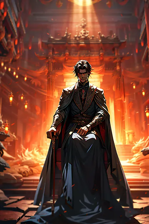 Gothic vampires，CG style，Dark is delicate and handsome，high detal，a sense of mystery，Sit on a throne inside a castle hall，Holding a glass of red wine in his hand，Overlooking all beings