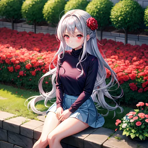 red blush、Wavy silver hair、red eyes、Beautiful girl alone、animesque、独奏、blue turtleneck、a miniskirt、flower  field、lonely、sitting on