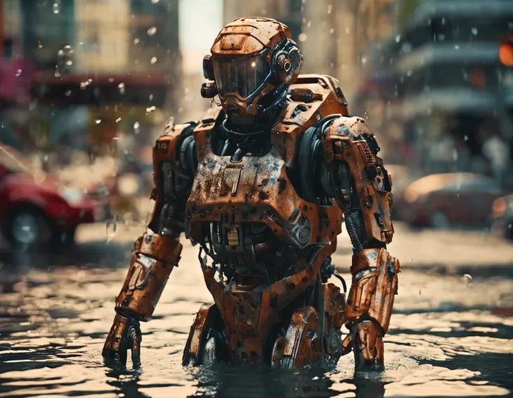 Portrait photo of transparent camo worn mech suit, ((light bokeh)), intricate, ((translucent) liquid water [rust]), elegant, sharp focus, photo by greg rutkowski, soft lighting, vibrant colors, masterpiece, ((streets)), detailed face