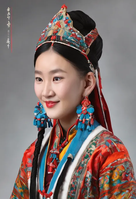 Sweet Tibetan girl，Has long braids，Raised his head slightly and smiled。Take a close-up of her photo，Make the front shots of her upper body stand out even more。She wears gorgeous Tibetan costumes，This Tibetan dress has a cumbersome design，White fluffy décor...