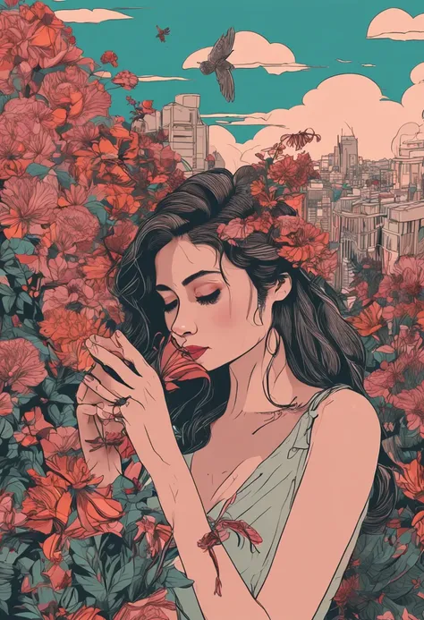 City beauties hold flowers in their hands and smell the sunset pigeons flying from the sky