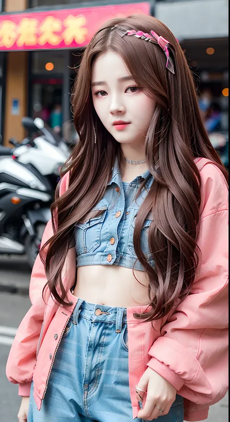 (nancy mcdonie)，masterpiece, best quality, confident cyberpunk girl, full body shot, ((standing in front of motorcycle)), haraju...