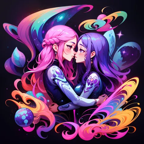 adesivo, fundo simples, portrait, 2 girls, couple, kissing, girl with long hair, beautiful galaxy girl, galaxy aesthetic, beautiful girl, very beautiful fantasy art, beautiful and elegant female galaxy, beautiful detailed fantasy, purple and yellow color p...