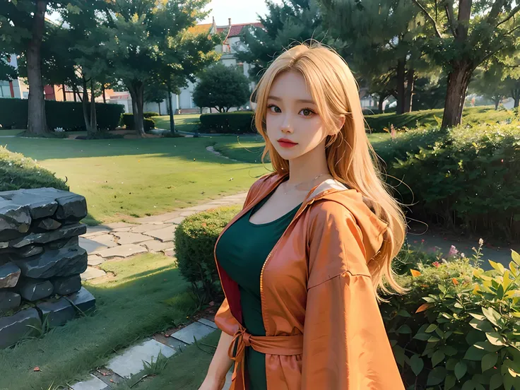 One blonde Caucasian beauty,Bianca,Dragon Quest V, Woman in green dress and orange cloak posing,Ultra realistic beauty paint, realistic anime 3 d style