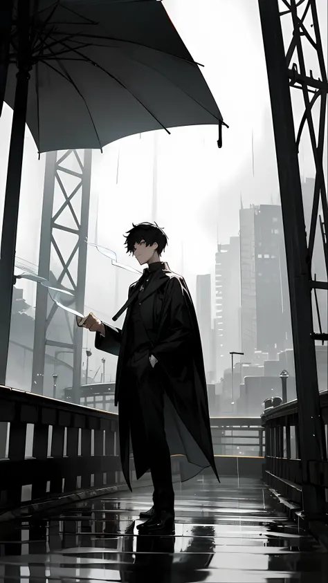 Rain curtain on a long bridge over the river in the background，A young man dressed in black holds a black umbrella in his left hand，Hold a lit cigarette in your right hand，Look out over the river in the distance