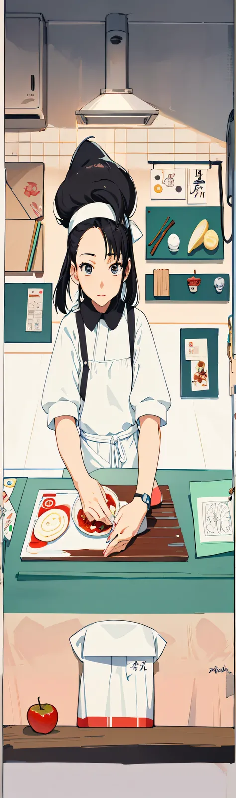 Anime girl preparing food in kitchen preparing food on cutting board, Cooking, the wallpaper!, anime food, offcial art, In the kitchen, cooking show, inspired by Tsuruko Yamazaki, Loli, Anime style illustration, In a kitchen, Detailed fanart, official fana...