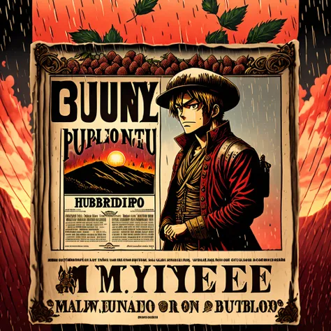 One piece wanted poster with the name budapest miyon in caps and bounty of 10 billion berries and photo of a warrior in battle looking at red sky in rain