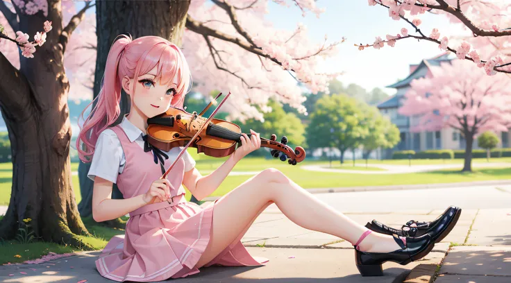 Beautiful girl in pink short skirt pink shoes playing violin under cherry blossom tree，Fine face