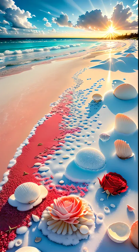 delicate scene,depth of field, 8K, The ivory sky,white clouds,and sunlight shine on the snow-white beach. The coral sea,and many colorful tinny shells on the beach,red roses, roses focus,