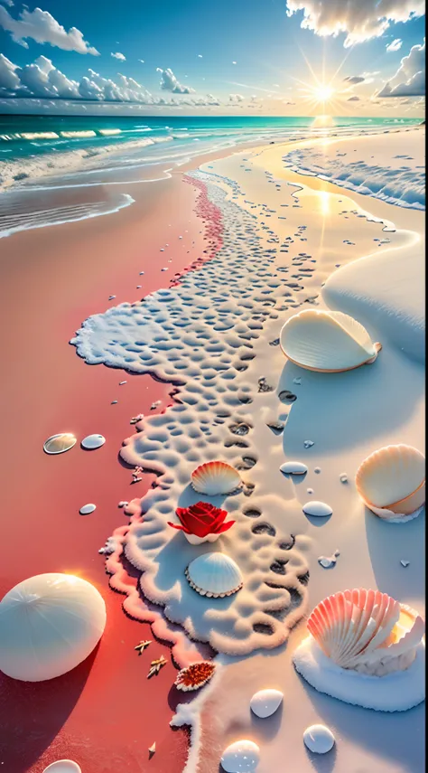 delicate scene,depth of field, 8k, the ivory sky,white clouds,and sunlight shine on the snow-white beach. the coral sea,and many...