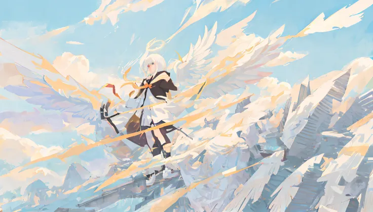 Anime angel with white hair and white wings standing next to street signs, White wings,, anime beautiful peace scene, ethereal anime, big white glowing wings,  hd anime wallpaper, silver wings, anime wallpaper, Epic angel wings, anime hd wallpaper, daytime...