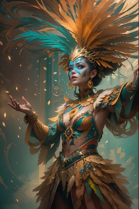 Colorful masterpiece illustration, hyper-realistic, Astral woman cirque made of dusts, cirque du soleil, dynamic pose, enthusiast,energic, wearing intricated adorned mask, jewelled, feathers, delicated and intricated costume, coloured dust, epic shapes, gl...