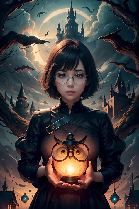 Fantasia、Round glasses、bob cuts、A teenage girl、(the witch:1,2)、kaminari、Inazuma、Thunderbolt、1 million volts、Familiar of the owl behind、Dynamic illustrations、Huge Devils Castle