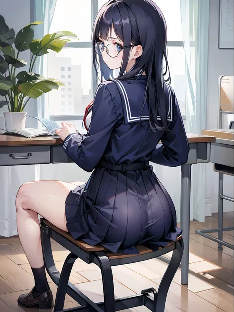 1girl, Back view, skirt, sit on chair, small chair, navy hair, long curvy hair, big round glasses, pretty, no expression, flat expression, limp face, school chair, ass form, low angle