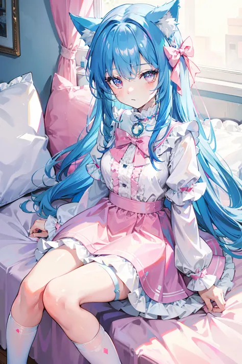 lightblue hair，Cat ears，Pink eyes，Light blue Lolita，White knee-length socks，pink bows，inside in room，sit on a bed，liveroom