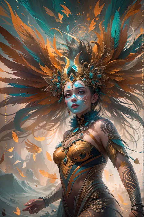 Colorful masterpiece illustration, hyper-realistic, Astral woman cirque made of dusts, cirque du soleil, dynamic pose, enthusiast,energic, wearing intricated adorned mask, jewelled, feathers, delicated and intricated costume, coloured dust, epic shapes, gl...